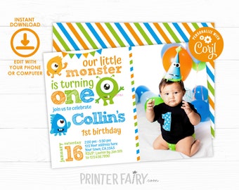 Little Monster Invitation with Photo, Monster 1st Birthday Party, Any age, EDIT YOURSELF Digital Invitation, Instant Download