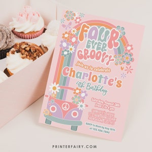 Editable Four ever groovy Invitation 3rd Birthday Daisy Invitation 70s Hippie Party Rainbow Invitation Digital Instant Download GR1