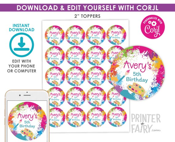 Art Party Toppers, EDITABLE, Art Round Labels, Art Birthday Party Favor Tags, Paint Birthday, Art Decorations, Digital, Instant Download Il_570xn