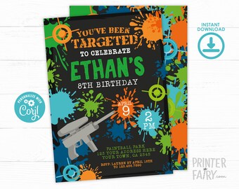 以下が含まれることがあります： ペイントボールガン、ペイントの飛沫、そして「You've Been Targeted to Celebrate Ethan's 8th Birthday」というテキストが書かれた黒と緑の誕生日招待状です。
