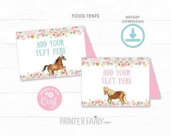 Horse Food Tents, EDITABLE, Girl Birthday, Floral Birthday Party, Cowgirl party decor, Pony Birthday, Horse Floral Party, INSTANT DOWNLOAD