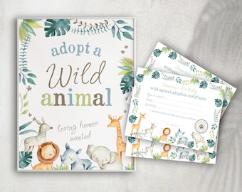 Wild Animals Adoption Center Sign and Certificate, Jungle Safari Birthday Party Games for Kids, Editable Pet Adoption Party Templates