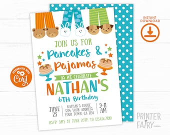 Pancakes and Pajamas Birthday Invitation, EDITABLE Invite, Pajama Party Invitation, Slumber Party Invitation, INSTANT DOWNLOAD