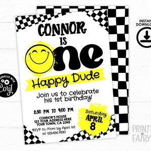 One Happy Dude Invitation, EDITABLE Invitation, Smiley Birthday Invitation, Smiley Birthday Party, Black Checkered, INSTANT DOWNLOAD