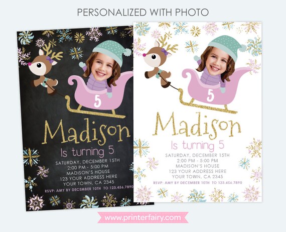 Winter Wonderland Birthday Invitation with photo, Snowflake Invitation, Sleigh and Reindeer, Personalized DIGITAL Invitations Il_570xn