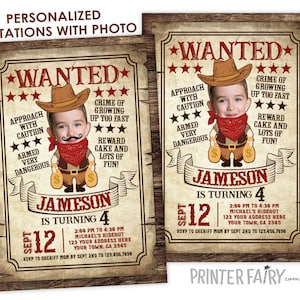 Western Birthday Invitation with Photo, Wanted Poster Invitation, Cowboy Birthday Invitation, Wild West, ANY AGE, Personalized Invite