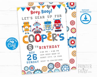 Robot Birthday Invitation, Robot Party, Beep Boop Invitation, Retro Robot, EDITABLE Invitation, INSTANT DOWNLOAD