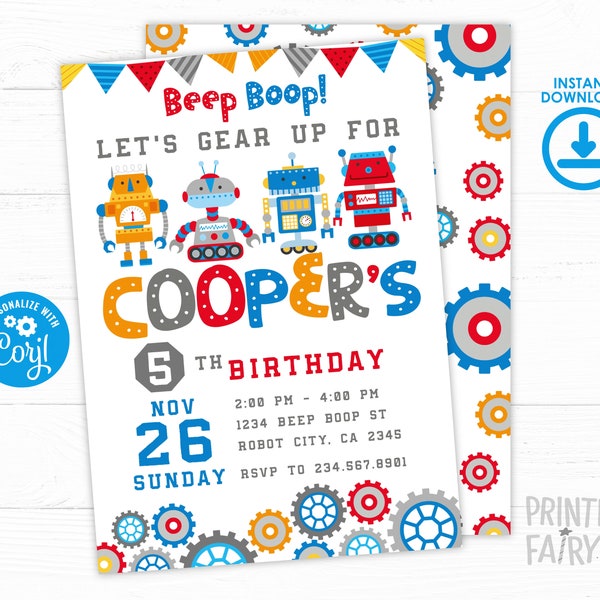 Robot Birthday Invitation, Robot Party, Beep Boop Invitation, Retro Robot, EDITABLE Invitation, INSTANT DOWNLOAD