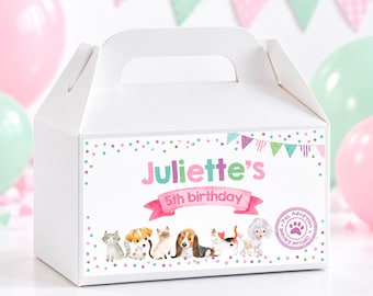 May include: A white cardboard gable box featuring a colorful label with the text Juliette's 5th birthday. The label includes watercolor illustrations of various cats and dogs, a pink ribbon banner, and a circular Pet Adoption stamp graphic.