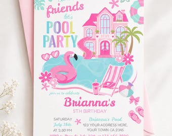 Pool Party Invitation Editable Template for Girl Birthday (Instant Download)