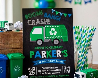 Editable Trash Truck Invitation Template, Garbage Truck Party, Instant Download