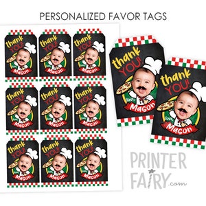 May include: Nine printable favor tags with a red, white, and green checkered border. Each tag features a black chalkboard background with the text "thank you!" in white. A baby dressed as a chef is holding a pizza with the text "love Mason" on the pizza box.