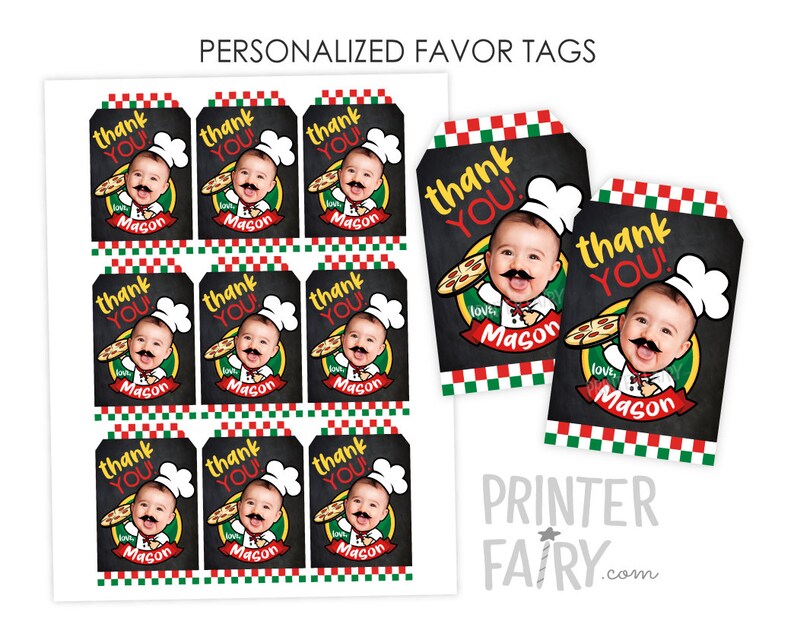 May include: Nine printable favor tags with a red, white, and green checkered border. Each tag features a black chalkboard background with the text "thank you!" in white. A baby dressed as a chef is holding a pizza with the text "love Mason" on the pizza box.