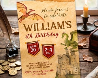 Dragon Birthday Party Theme Invitation Editable Template, Digital, Instant Download