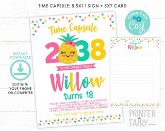 Pineapple Time Capsule, Pineapple First Birthday, EDITABLE, Pineapple Birthday Party, Tropical Party, EDIT YOURSELF, Instant Download