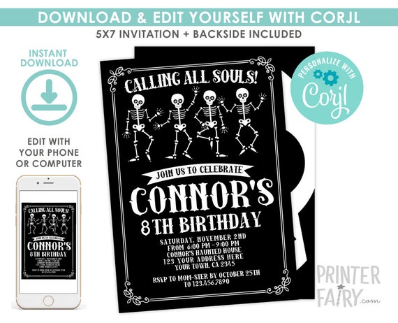 Skeleton Birthday Invitation, EDITABLE Halloween Invitation, Skull Invitation, Halloween Birthday, Black and white Party, EDIT YOURSELF Il_570xn