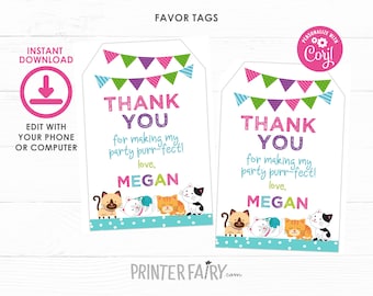 Kitty Cat Favor Tags, EDITABLE, Kitten Thank You Tags, Cat Birthday, Pawty Thank Tags, Pet Adoption Party Decor, Gift Tag, INSTANT DOWNLOAD