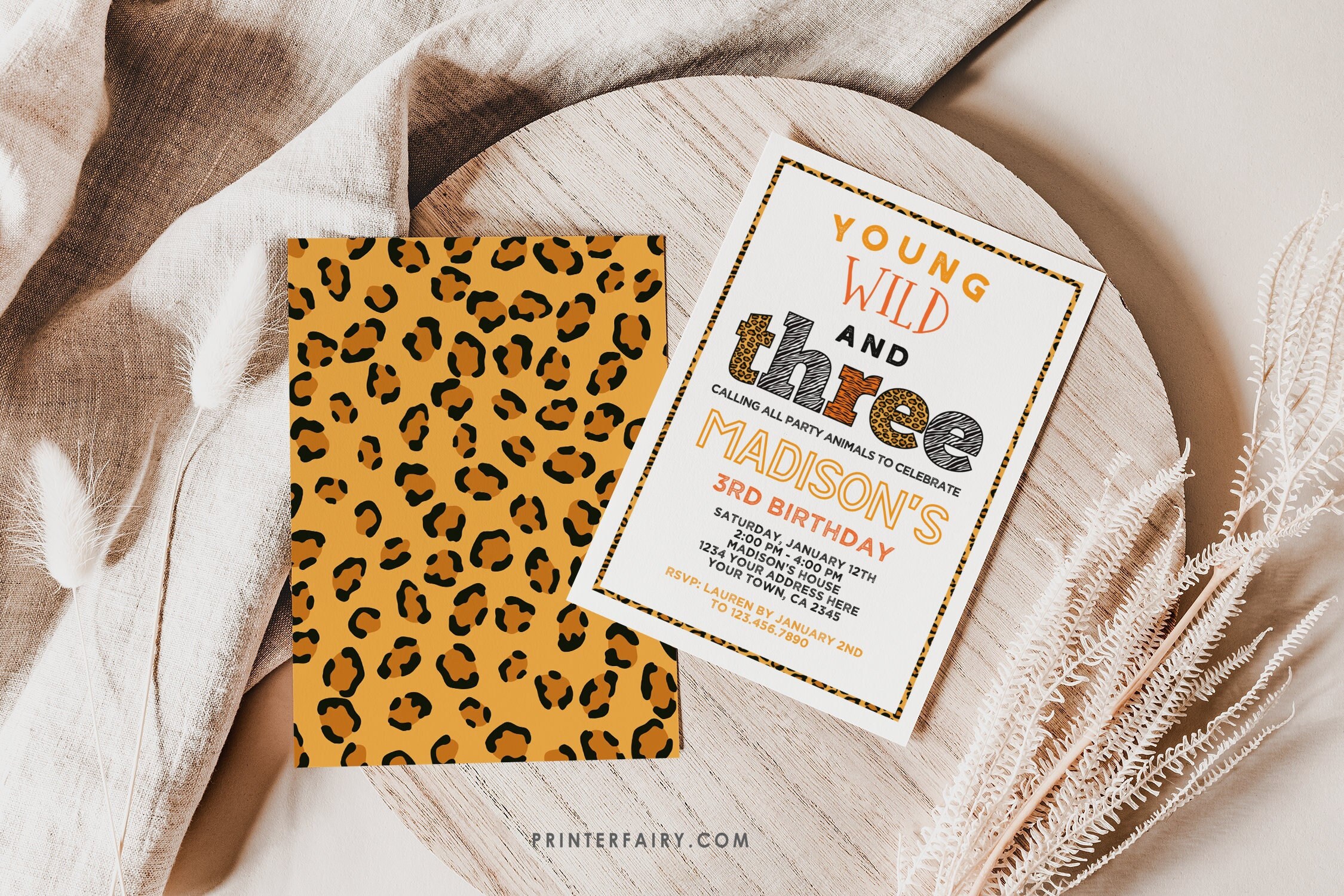 Wild and Three Birthday Invitation, EDITABLE Safari Invitation, Animal Print Birthday Party, Jungle Invitation, EDIT YOURSELF Digital Invite