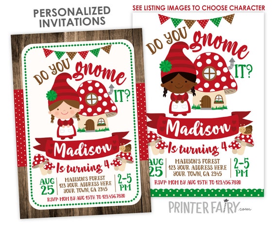Gnome Woodland Birthday Invitation Woodland Gnome Invitation