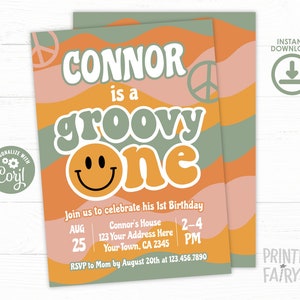 Groovy One Invitation, Hippie 1st Birthday, Groovy Birthday Party, Retro Birthday Invitation, Editable Invitation, INSTANT DOWNLOAD