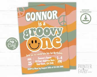 Groovy One Invitation, Hippie 1st Birthday, Groovy Birthday Party, Retro Birthday Invitation, Editable Invitation, INSTANT DOWNLOAD