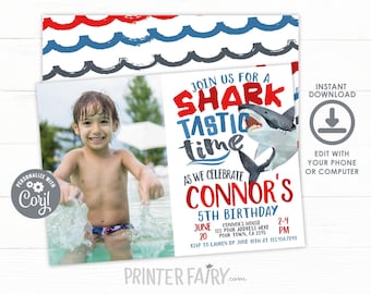 Shark Birthday Invitation with photo, EDITABLE, Shark Invitation, Pool Party, Shark Invite, Sharktastic Invitation, INSTANT DOWNLOAD