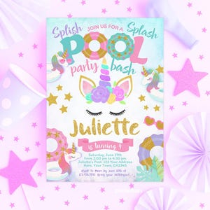 Unicorn Pool Birthday Party Invitation, EDITABLE, Summer Birthday Party, Splish Splash, Swimming Pool Party,  Summer, PoolPartyUnicorn
