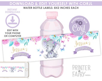 Elephant Water Bottle Labels, EDITABLE, Elephant 1st Birthday, Elephant Girl Birthday, Floral Butterflies, Party Decor, INSTANT DOWNLOAD