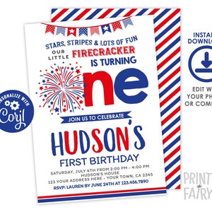 Little Firecracker Invitation, First Birthday Party, 4th of July Invitation, Fourth of July Invitation, Personalized Digital Invitation