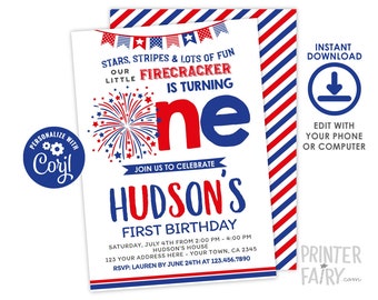 Little Firecracker Invitation, First Birthday Party, 4th of July Invitation, Fourth of July Invitation, Personalized Digital Invitation