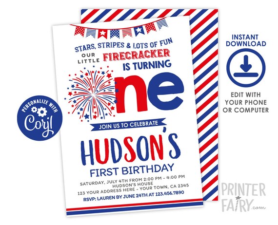 Little Firecracker Invitation, First Birthday Party, 4th of July Invitation, Fourth of July Invitation, Personalized Digital Invitation Il_570xn