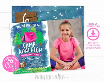 Camping Birthday Invitation, Editable, Summer Camp Birthday Party, Sleepover Birthday Invitation, Campout Invite, Instant Download