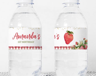 Strawberry Water Bottle Labels, Editable, Strawberry Labels, Fruit Birthday Party, Tuttifrutti Party, Birthday Decorations, Instant Download