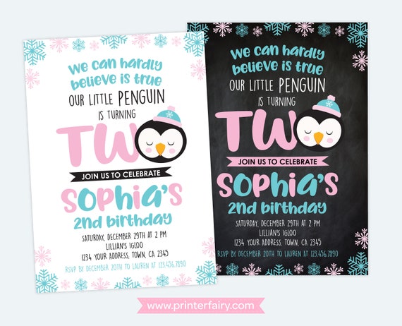 Penguin 2nd Birthday Invitation, Winter Birthday Party, Winter Wonderland Invitation, Snowflake Invitation, DIGITAL Personalized, 2 options Il_570xn