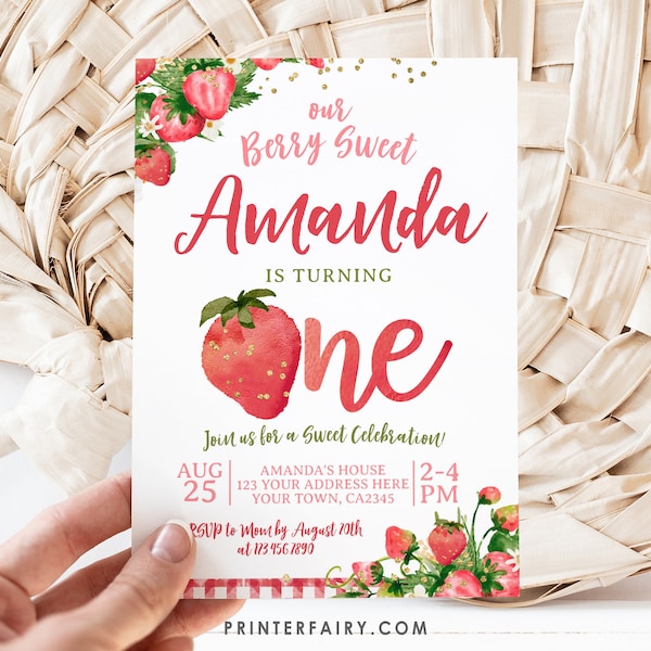 Faire-part de premier anniversaire aux fraises, MODIFIABLE, un doux, doux anniversaire de baies, invitation florale, invitation d'anniversaire de fille, TÉLÉCHARGEMENT IMMÉDIAT