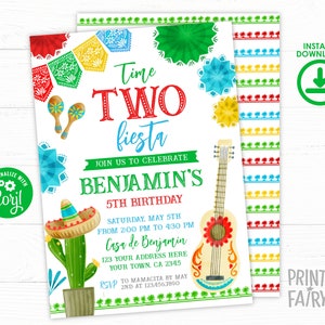 Fiesta Second Birthday Party Invitation, Editable Mexican Fiesta Invitation, Fiesta Decorations, Cinco de Mayo Birthday Time Two Siesta