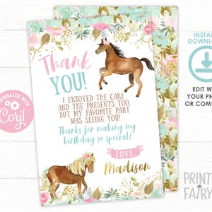 Pferde-Dankeskarten, EDITIERBARE, Mädchen-Dankes-Notizen, Blumen-Geburtstags-Party, Cowgirl-Dankes-Karte, Pferde-Geburtstag, INSTANT DOWNLOAD