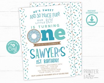 Donut Boy Birthday Invitation, EDITABLE, Donut First Birthday Invitation, Donut Party, 1st Birthday EDIT YOURSELF Digital Invite