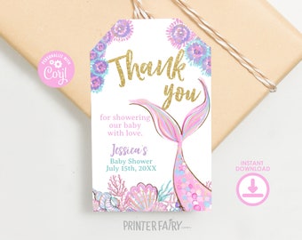 Mermaid Baby Shower Thank You Tags, Editable Favor Tags Template, Mermaid Baby Sprinkle Thank You Tags, Baby Shower Party Favors, for Girl