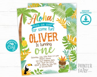 Luau Invitation, EDITABLE, Beach Birthday Party, Luau 1st Birthday, Luau BirthdayParty, Tropical Invitation, EDIT YOURSELF Digital Invite