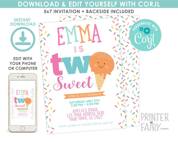 EDITABLE Ice Cream 2nd Birthday Invitation, Sprinkles Birthday Party, Ice Cream Party, 2ndBirthday, EDIT YOURSELF Digital Invite Il_570xn