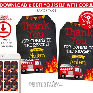 Firefighter Favor Tags, EDITABLE Fire fighter Birthday Party, Fireman Thank You Cards, Firetruck Birthday Party, INSTANT DOWNLOAD