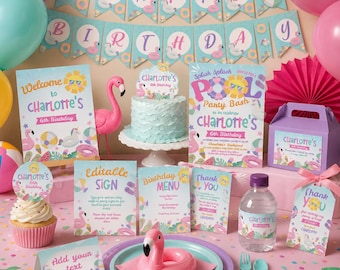Pode incluir: Uma cena festiva de festa de aniversário com tema de flamingo. Inclui um bolo, decorações e lembrancinhas. O esquema de cores é rosa, verde-azulado e roxo. Há balões, uma faixa e um cupcake com cobertura. O texto na faixa diz "Happy Birthday".