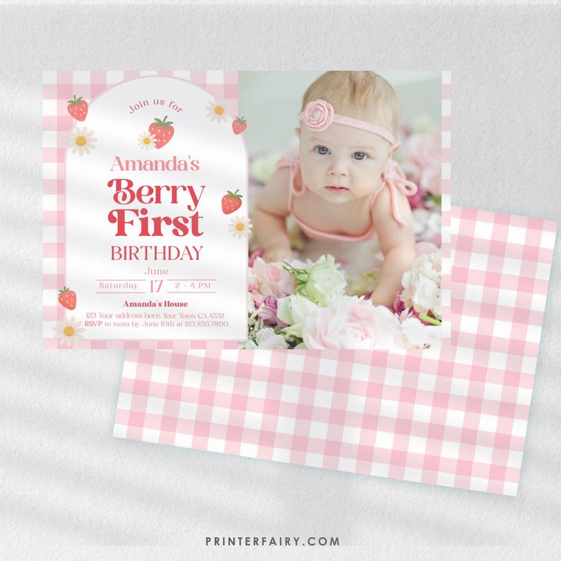 May include: A pink and white gingham-patterned invitation for a first birthday party. The invitation features the text "Amanda's Berry First Birthday" with strawberry and daisy illustrations. A photo of a baby in pink is included.