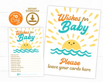 Here Comes The Sun Wishes for Baby, Instant Download, Baby Shower Boho Sunshine Party Printable Template, Here Comes The Sun Baby Shower