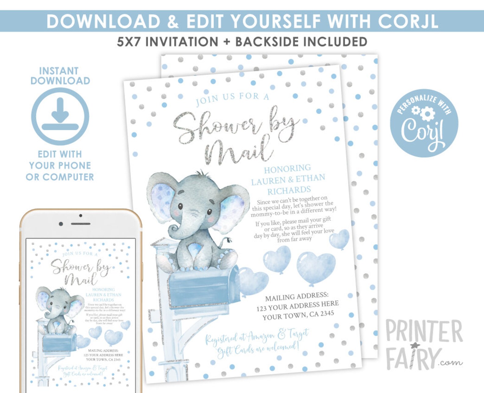 Baby Shower by Mail Invitation EDITABLE Elephant Baby Shower Etsy