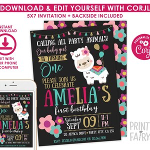 May include: A printable 5x7 inch invitation for a first birthday party. The invitation features a llama with a colorful design and the text "Calling all party animals! Our baby girl is turning one. Please join us to celebrate Amelia's first birthday. Saturday, Sept 09, 11-1 PM. 123 Alpaca Drive, Party City, CA 235. RSVP: Jessica@email.com or 123.566.7890".