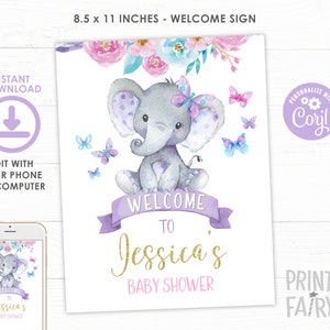 Letrero de bienvenida de elefante para baby shower, baby shower de niña, baby shower de safari en la jungla, letrero de elefante, floral, invitación digital EDITAR USTED MISMO