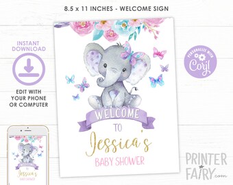 EDITABLE Elephant Baby Shower Welcome Sign, Girl Baby Shower, Jungle Safari Baby Shower, Elephant Sign, Floral, EDIT YOURSELF Digital Invite