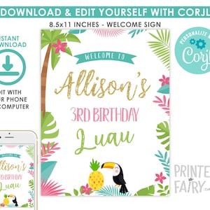 Luau Welcome Sign, EDITABLE, Hawaiian Party, Pool Party, Luau Birthday Party Decorations, Tropical Sign, INSTANT DOWNLOAD